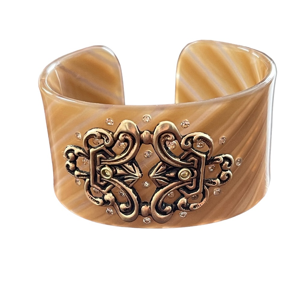 Cellulose acetate brass diamanté crystal wide open cuff bracelet - Picture 4 of 9